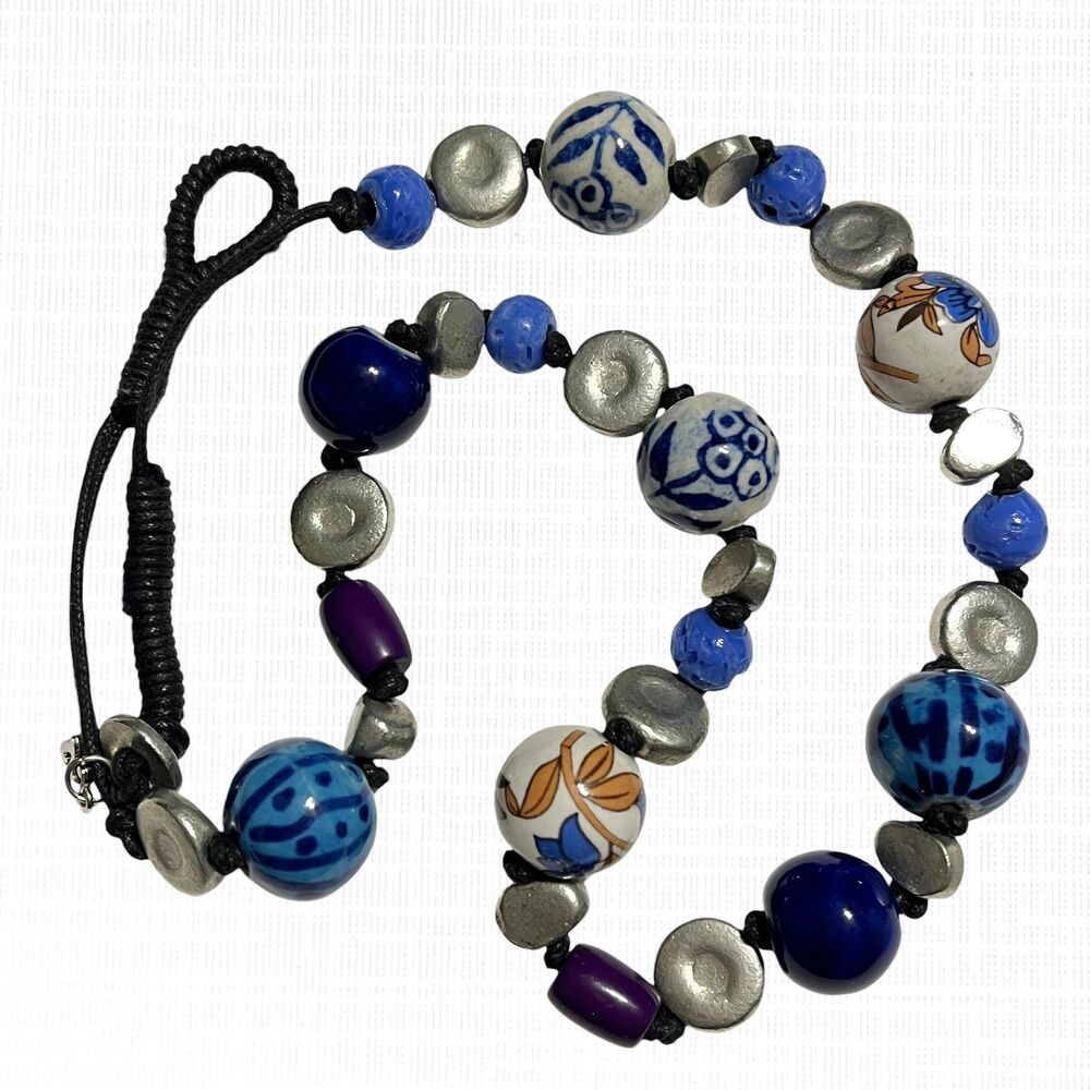 VTG Hand Painted Artisan Necklace Blue Floral Ceramic Glass Silver Tone Metallic